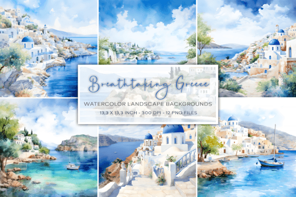 Enchanting Greece Watercolor Landscape Backgrounds