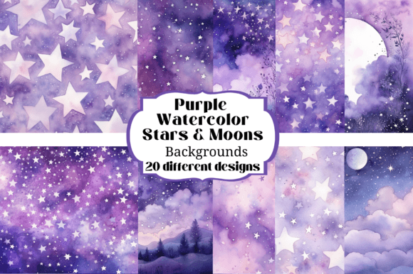 Ethereal Purple Watercolor Moon and Star Backgrounds for Creatives